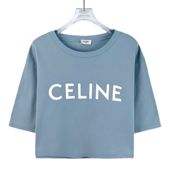 Celine Light Blue Letter Printed Cotton Round-Neck Short-Sleeved T-Shirt M - Picture 1 of 8